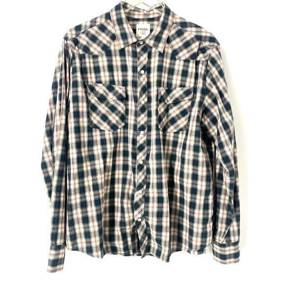 Vintage FOSSIL Men’s XL Plaid Western Shirt Pearl Snaps Long Sleeves 100% Cotton - Picture 1 of 8